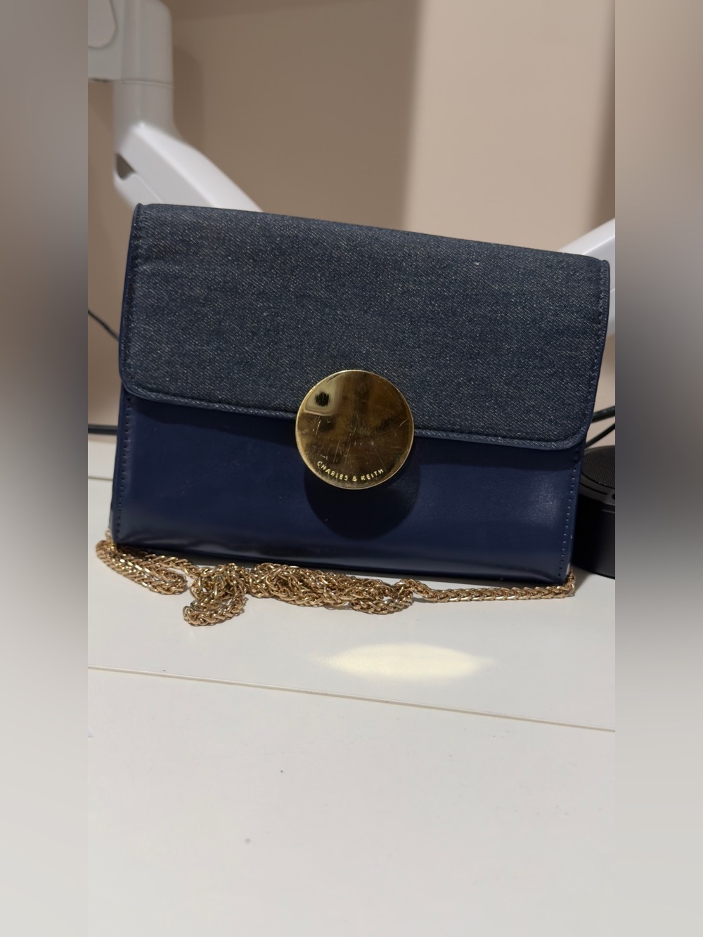 Charles & Keith Denim-Trim Navy Crossbody with Gold Hardware